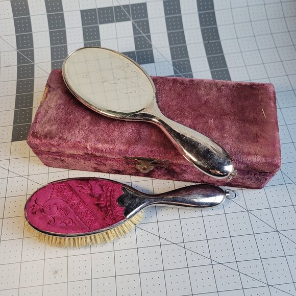 Antique Victorian Vanity Dresser Set Mirror Brush Embossed Velvet & Silver Plate - Picture 1 of 15